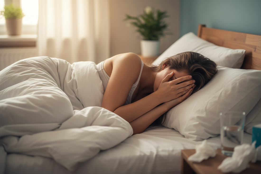 Woman resting in bed while experiencing menstrual-cycle-related cold sore triggers