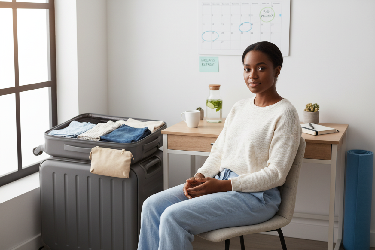 Women preparing for a stressful business trip blocking a cold sore outbreak trigger with cold sore shield 