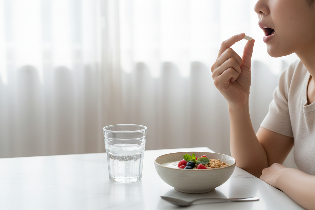 a women taking a cold sore shield capsule with a light breakfast of yogurt and granola to build a strong defense against cold sore outbreaks 